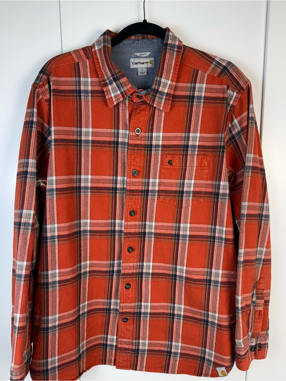 Carhartt Men's Orange Plaid flannel Button-Down Shirt size xl slim fit